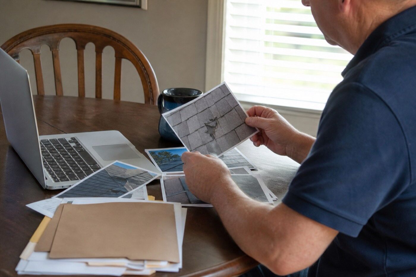 Illustrative image of a homeowner at a kitchen table looking through printed photos of roof damage beside a laptop.