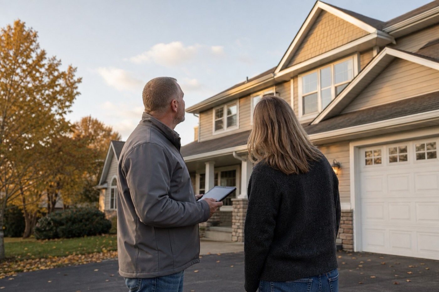 Illustrative image of a roofer holding a tablet and a homeowner looking up at a two-story house from the driveway.