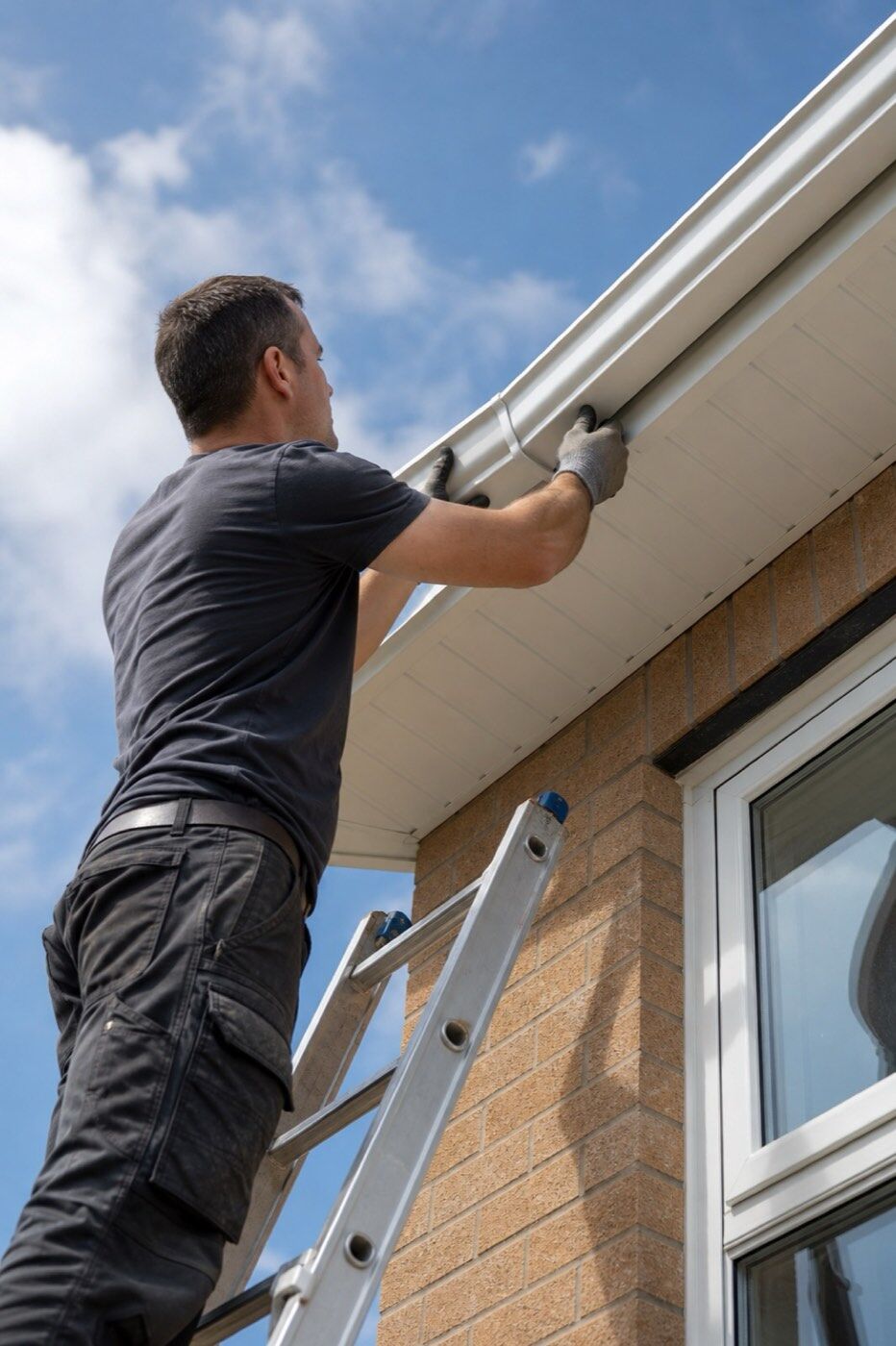 Illustrative image of a worker on a ladder fitting a white gutter along the fascia, seen from below against blue sky.