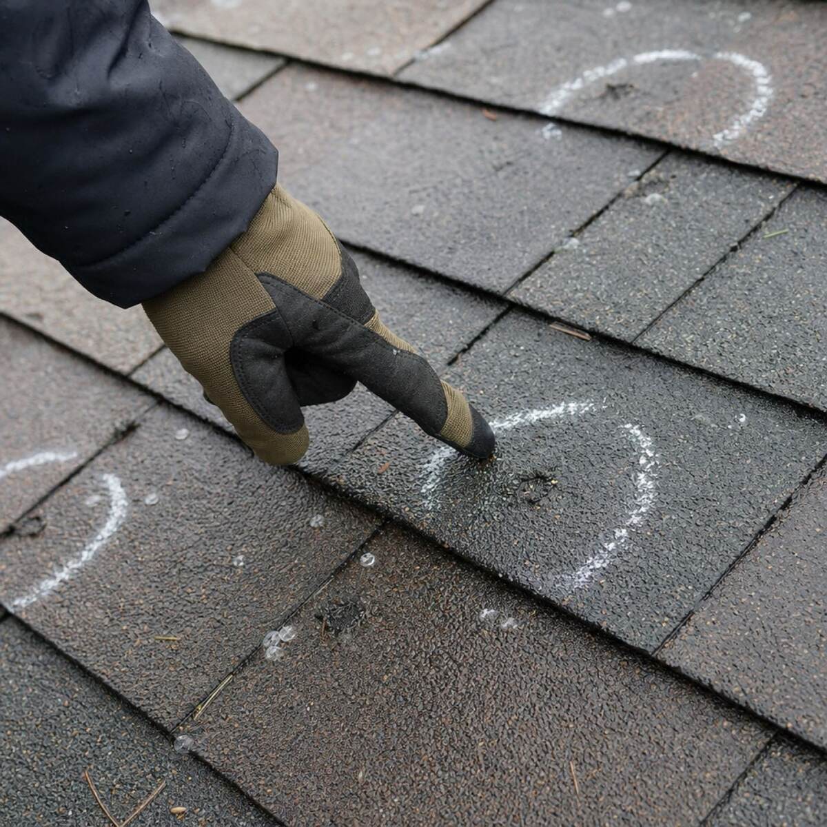Illustrative close-up of a gloved finger pointing at hail-bruised asphalt shingles circled in white chalk.
