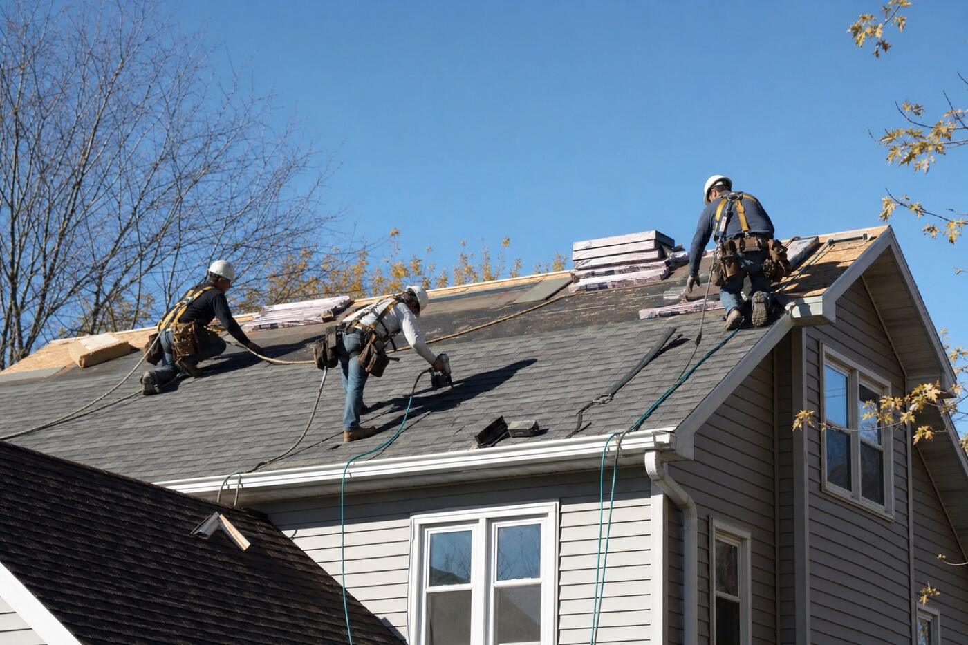 Illustrative image of a roofing crew in harnesses and hard hats installing charcoal shingles on a two-story home under a clear sky.