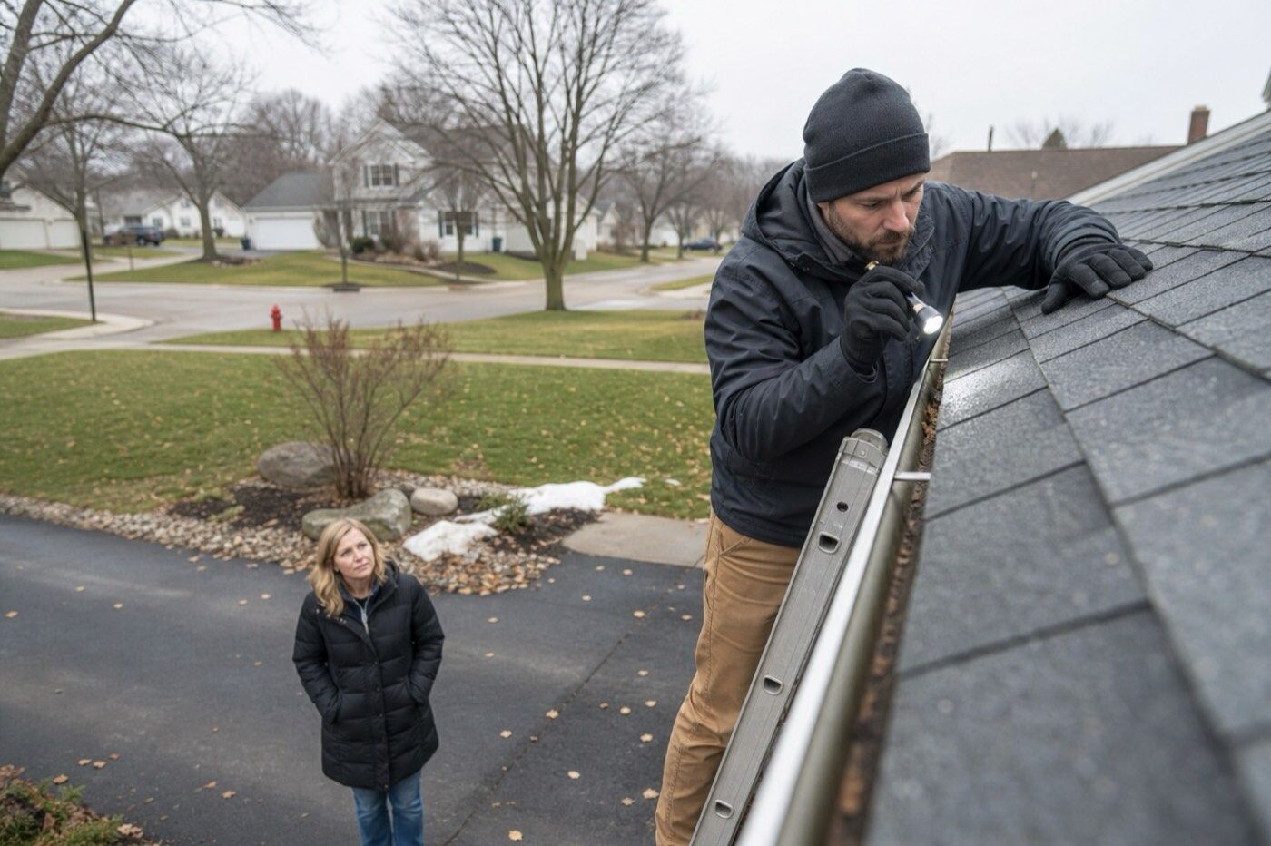 Illustrative image of a roofer on a ladder checking shingles with a flashlight while a homeowner watches from the driveway.